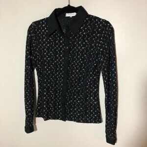 Anne Fontaine black white open knit lace collared long sleeve blouse sz 3 sheer